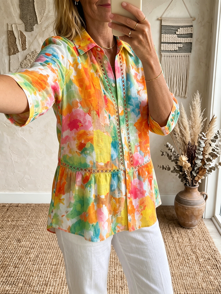 Women's Artistic Cutout Lace-trimmed & Watercolor-print Cotton-linen Blouse