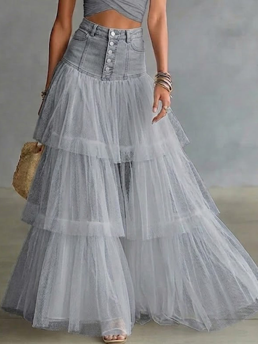 Women's Stylish Casual Spliced Mesh Denim Skirt