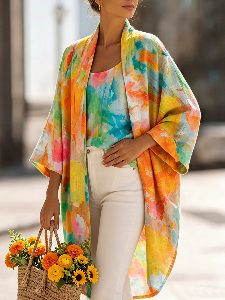 Women's Artistic Watercolor Print Cardigan & Vest Two-piece Set