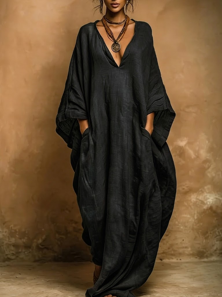 Women's Bohemian Linen And Cotton Kaftan Robe Dress