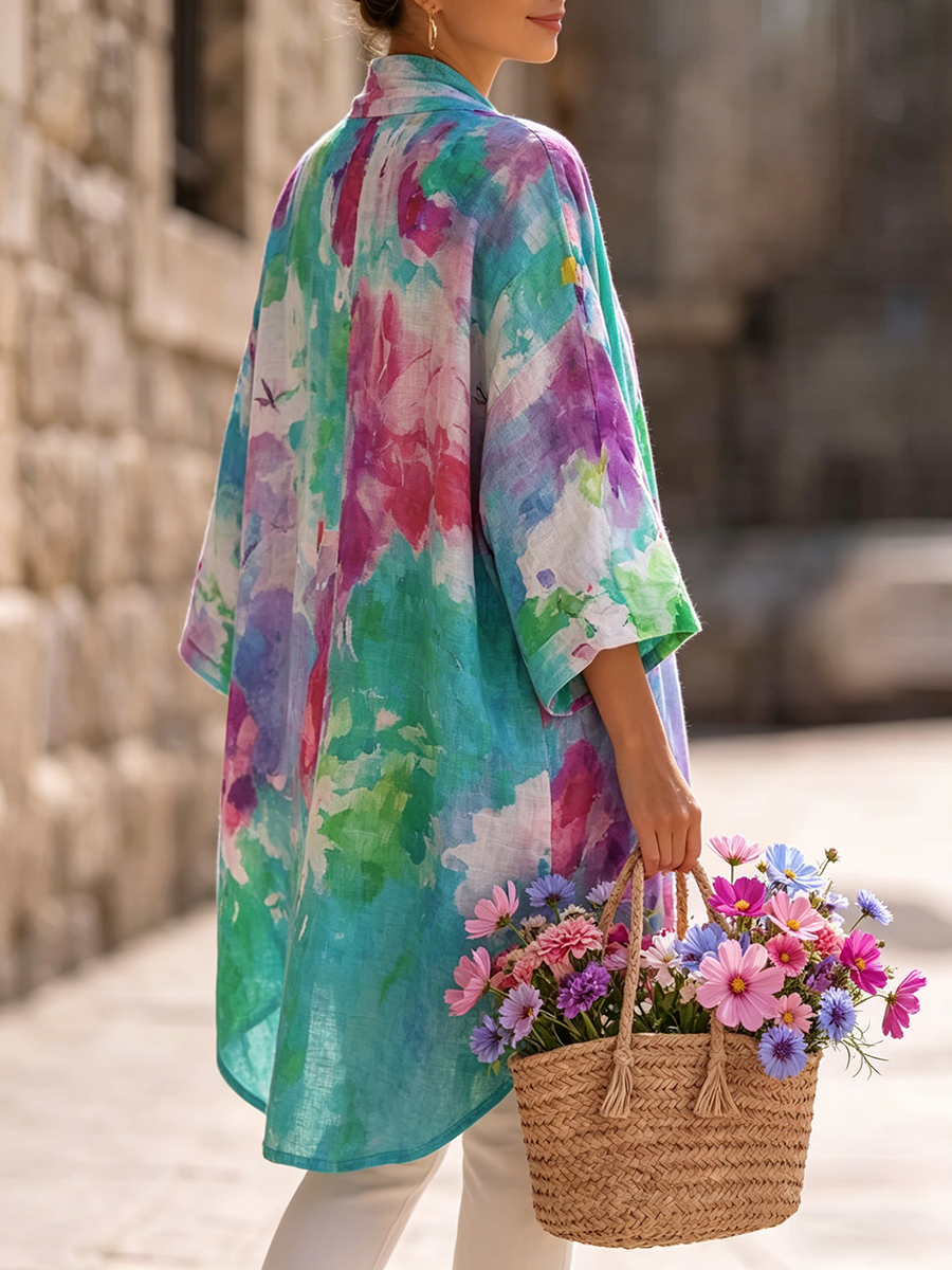 Women's Artistic Watercolor Print Cardigan & Vest Two-piece Set