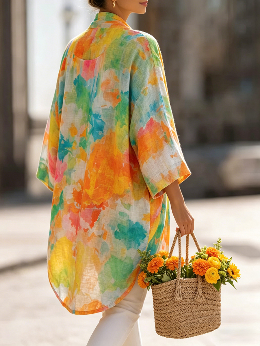 Women's Artistic Watercolor Print Cardigan & Vest Two-piece Set