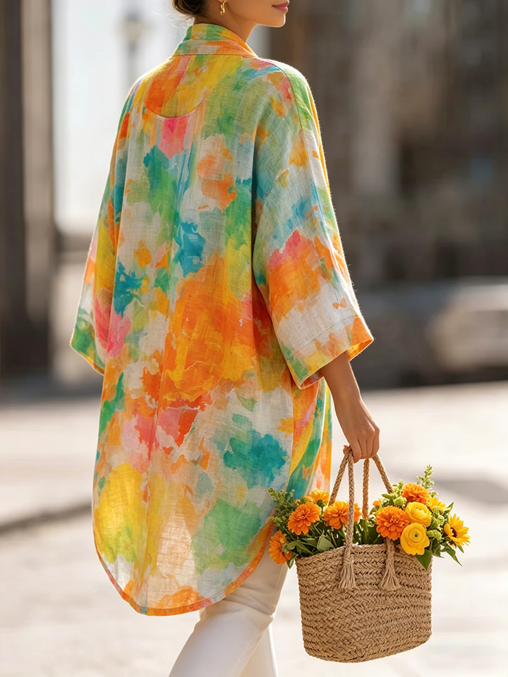 Women's Artistic Watercolor Print Cardigan & Vest Two-piece Set