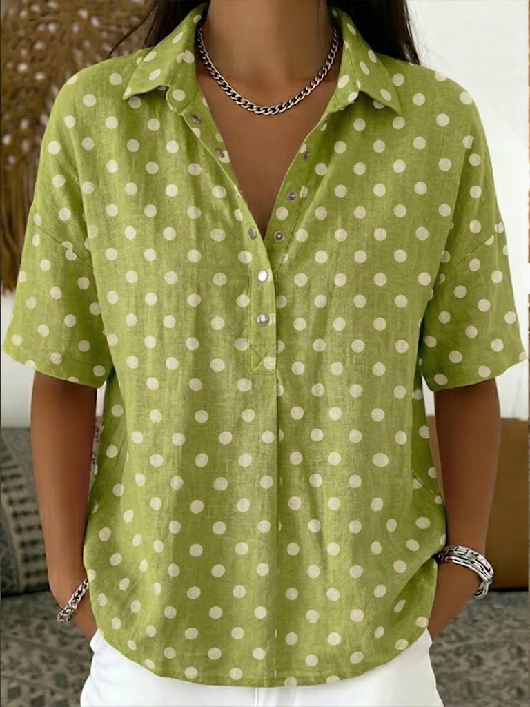 Women's Casual Polka Dots Polo Collar Short-sleeved Linen And Cotton Shirt