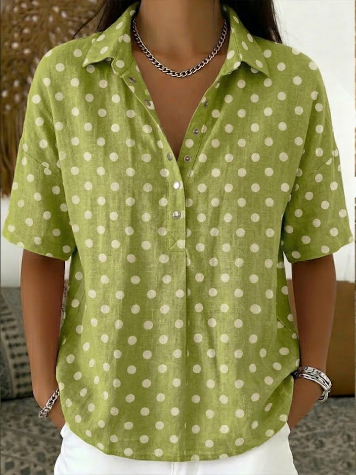 Women's Casual Polka Dots Polo Collar Short-sleeved Linen And Cotton Shirt