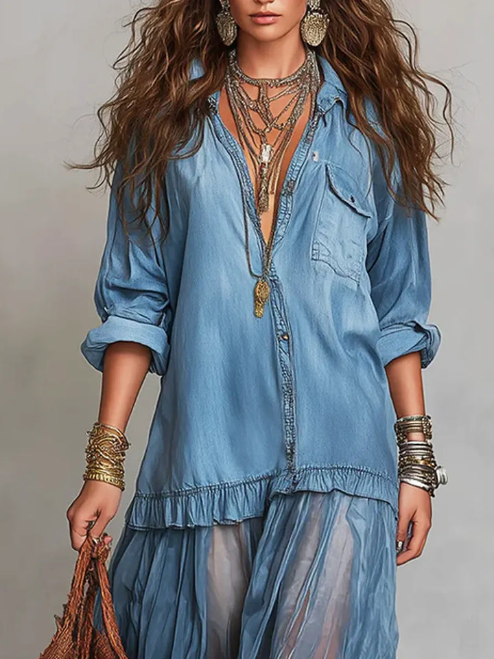 Women's Retro Lapel Denim Organza Patchwork Art Casual Maxi Dress