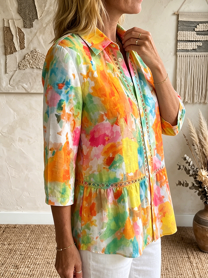 Women's Artistic Cutout Lace-trimmed & Watercolor-print Cotton-linen Blouse