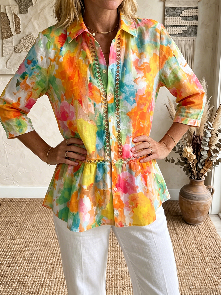 Women's Artistic Cutout Lace-trimmed & Watercolor-print Cotton-linen Blouse