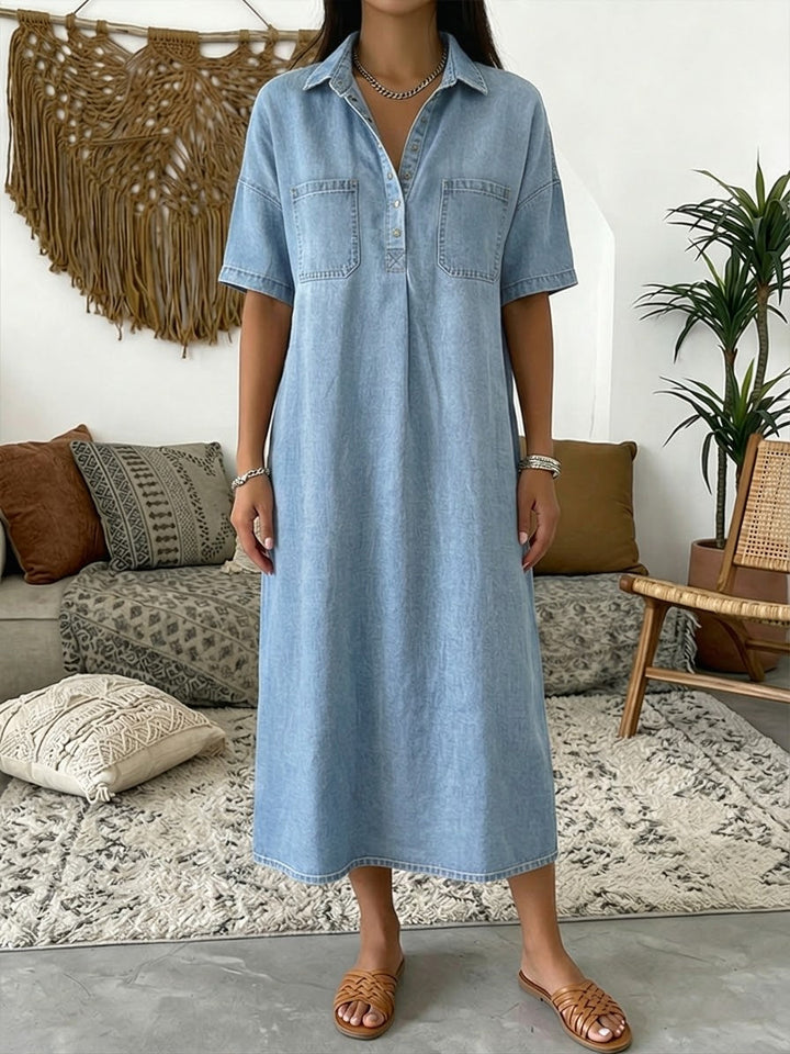 Women's Casual Short-sleeved Polo Collar Denim Dress