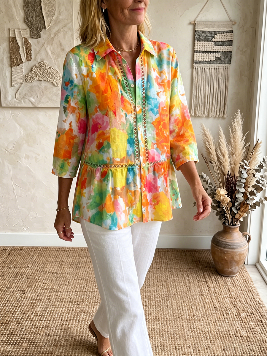 Women's Artistic Cutout Lace-trimmed & Watercolor-print Cotton-linen Blouse