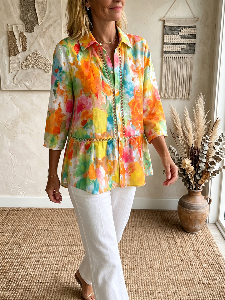 Women's Artistic Cutout Lace-trimmed & Watercolor-print Cotton-linen Blouse