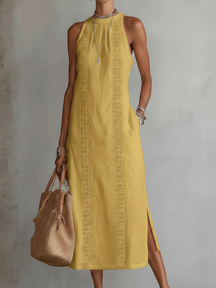 Women's Relaxed Embroidered Mandarin Collar Midi Dress