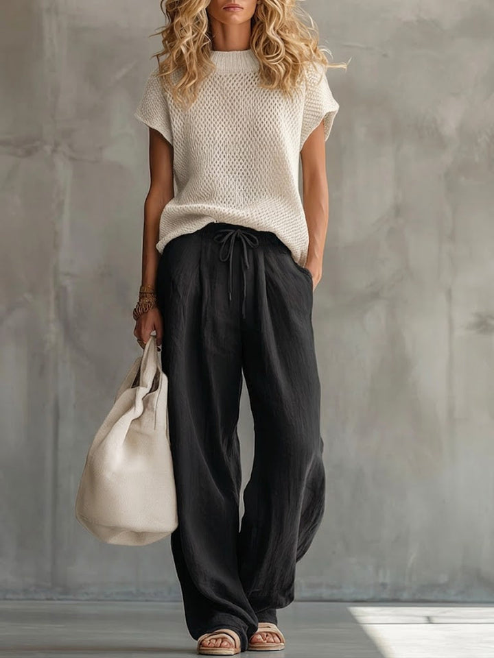 Simone | Women's Knitted Pullover Top & Linen-Cotton Trouser Set