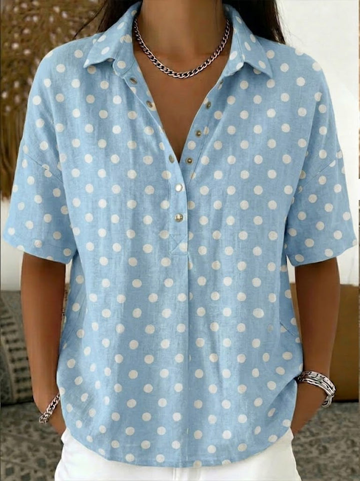 Women's Casual Polka Dots Polo Collar Short-sleeved Linen And Cotton Shirt
