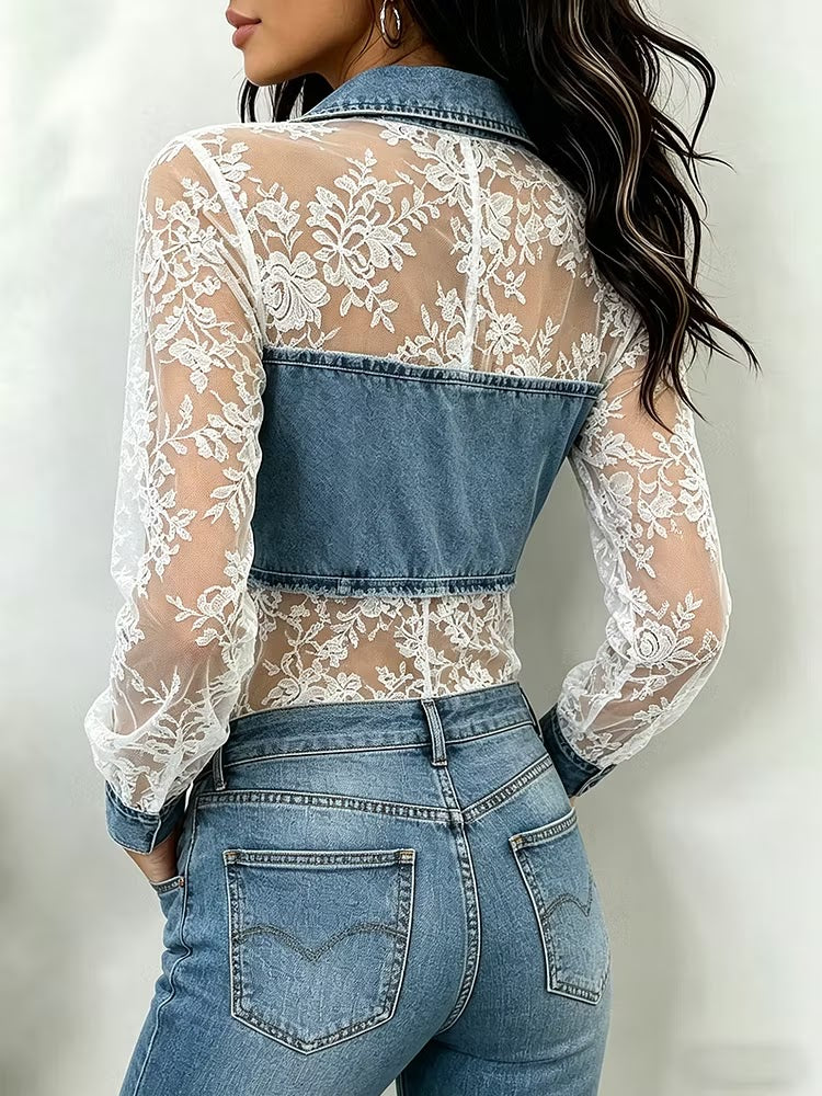 Women's Stylish Denim And Lace Shirt
