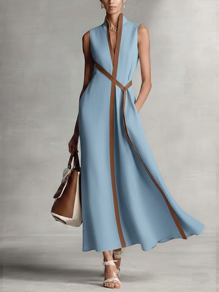 Stand Collar Linen Midi Dress