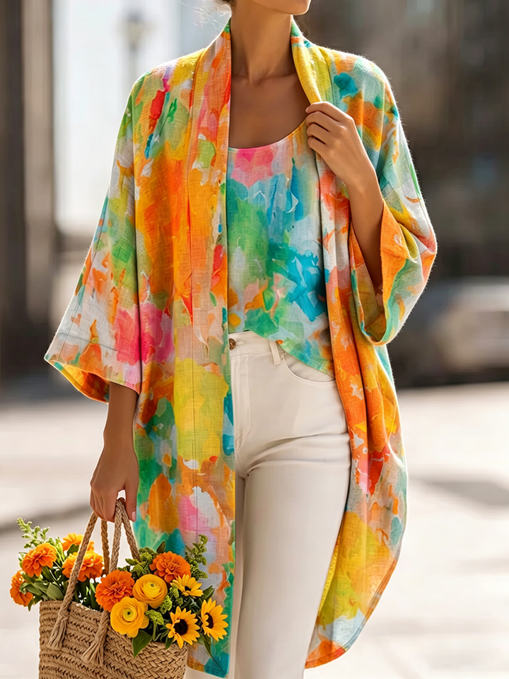 Women's Artistic Watercolor Print Cardigan & Vest Two-piece Set