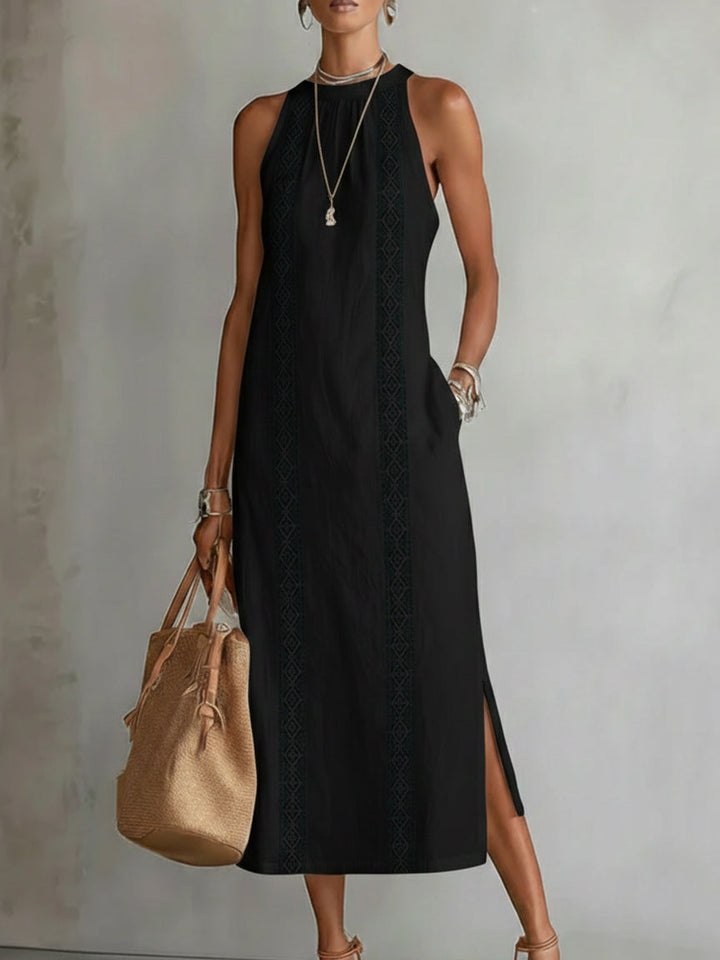 Women's Relaxed Embroidered Mandarin Collar Midi Dress