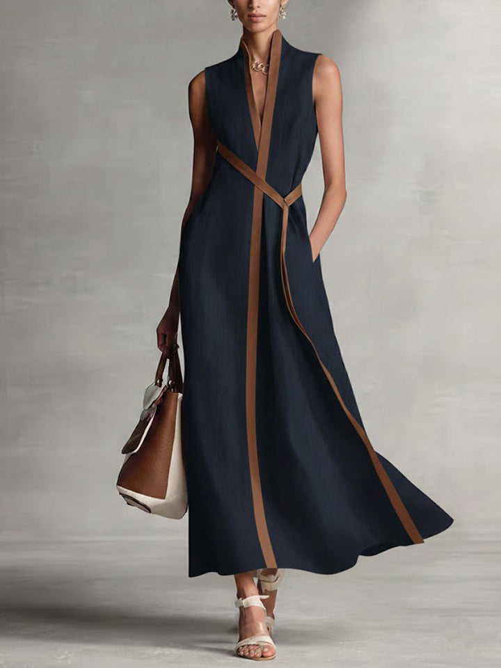 Stand Collar Linen Midi Dress