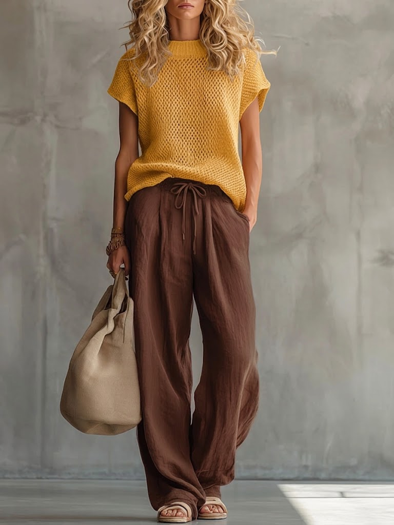 Simone | Women's Knitted Pullover Top & Linen-Cotton Trouser Set