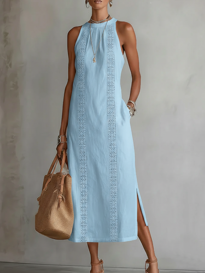 Women's Relaxed Embroidered Mandarin Collar Midi Dress
