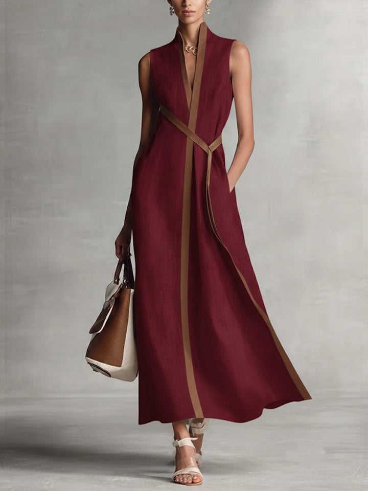 Stand Collar Linen Midi Dress