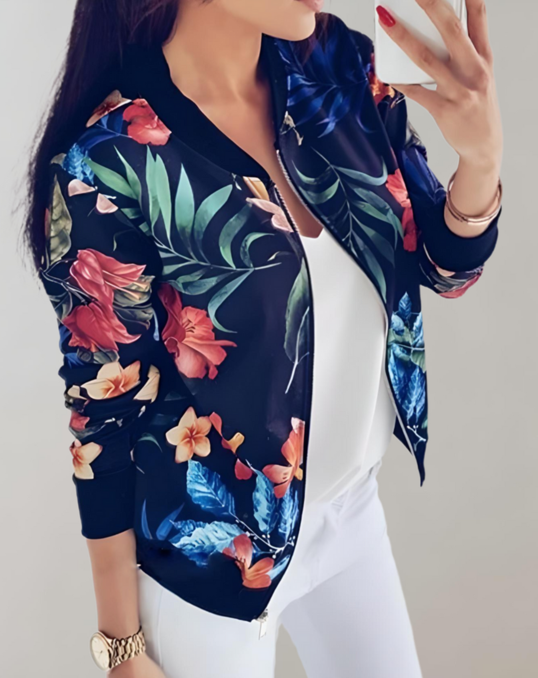 Women's floral bomber jacket for vibrant spring flair