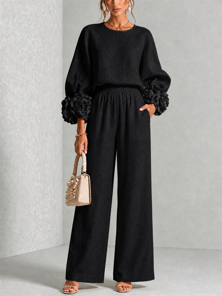 Fiorella | Women's Floral-Cuff Long-Sleeve Two-Piece Set