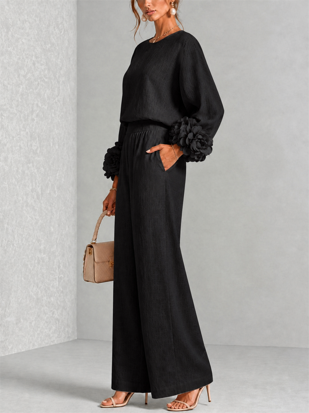 Fiorella | Women's Floral-Cuff Long-Sleeve Two-Piece Set