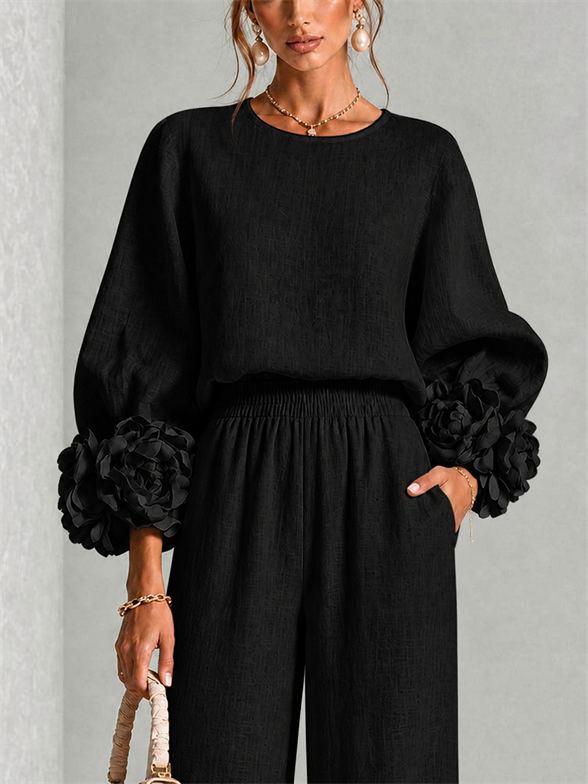 Fiorella | Women's Floral-Cuff Long-Sleeve Two-Piece Set