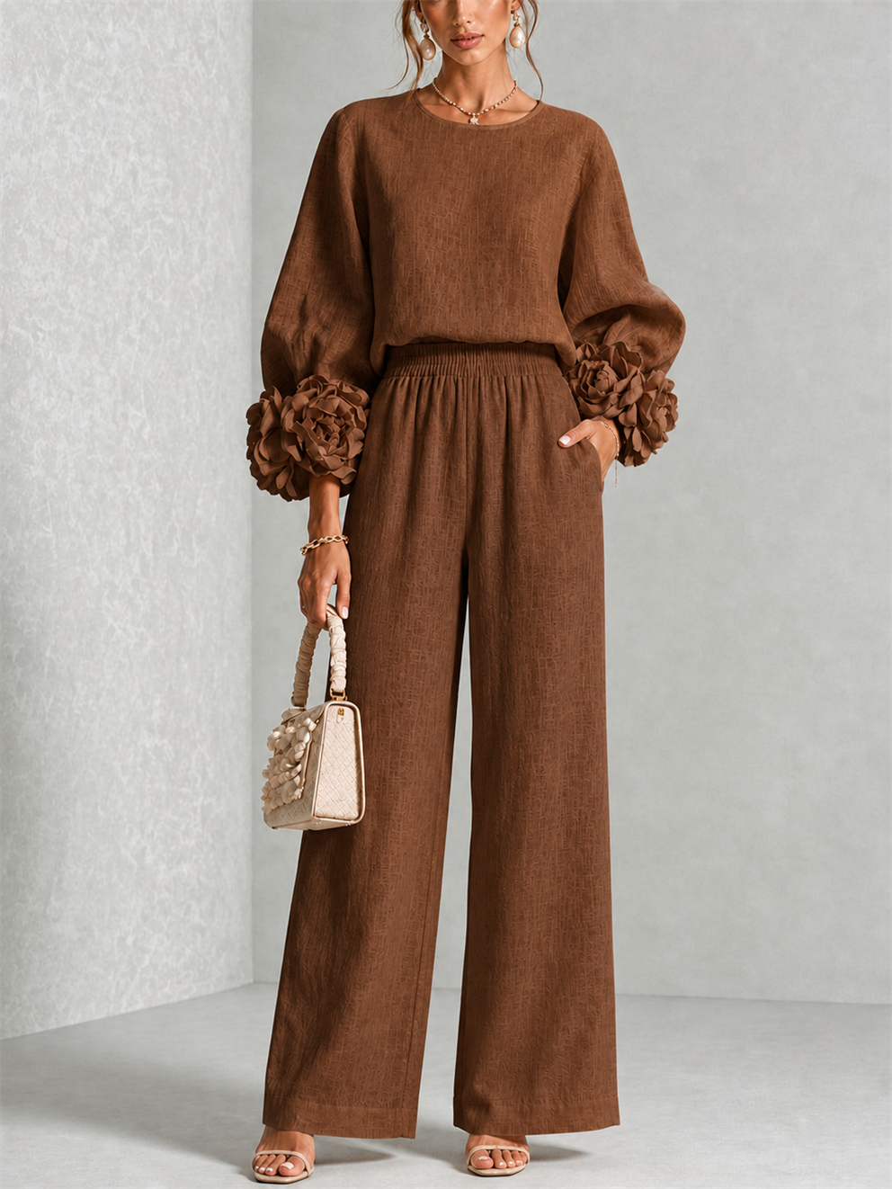 Fiorella | Women's Floral-Cuff Long-Sleeve Two-Piece Set
