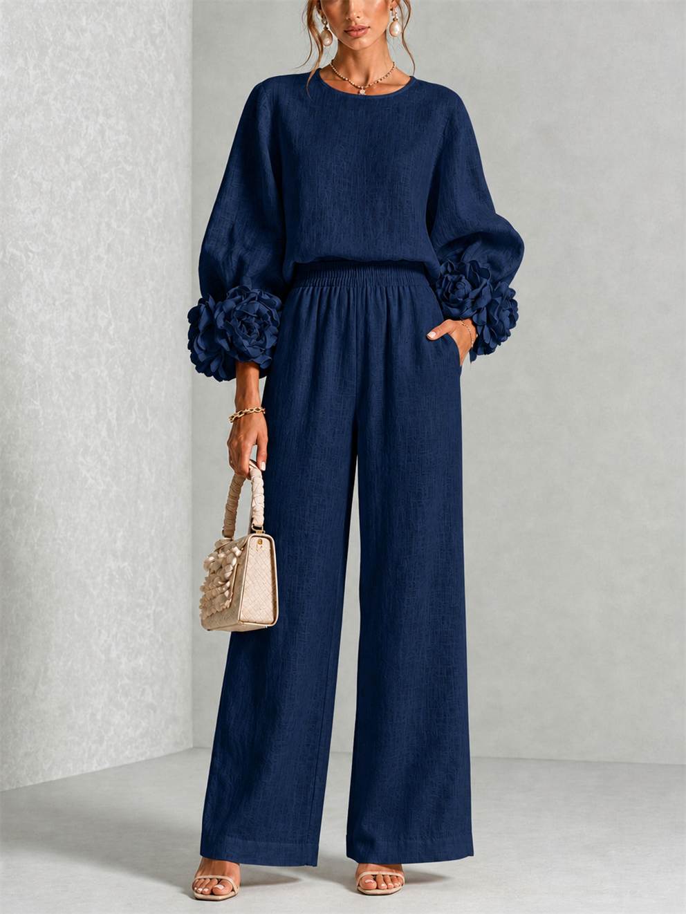 Fiorella | Women's Floral-Cuff Long-Sleeve Two-Piece Set