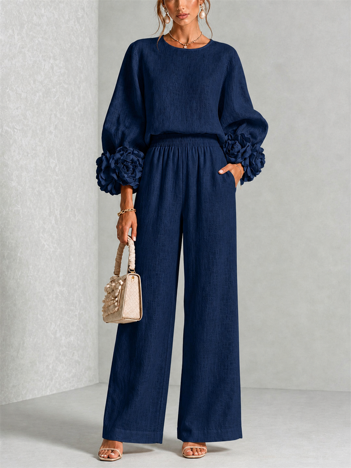 Fiorella | Women's Floral-Cuff Long-Sleeve Two-Piece Set