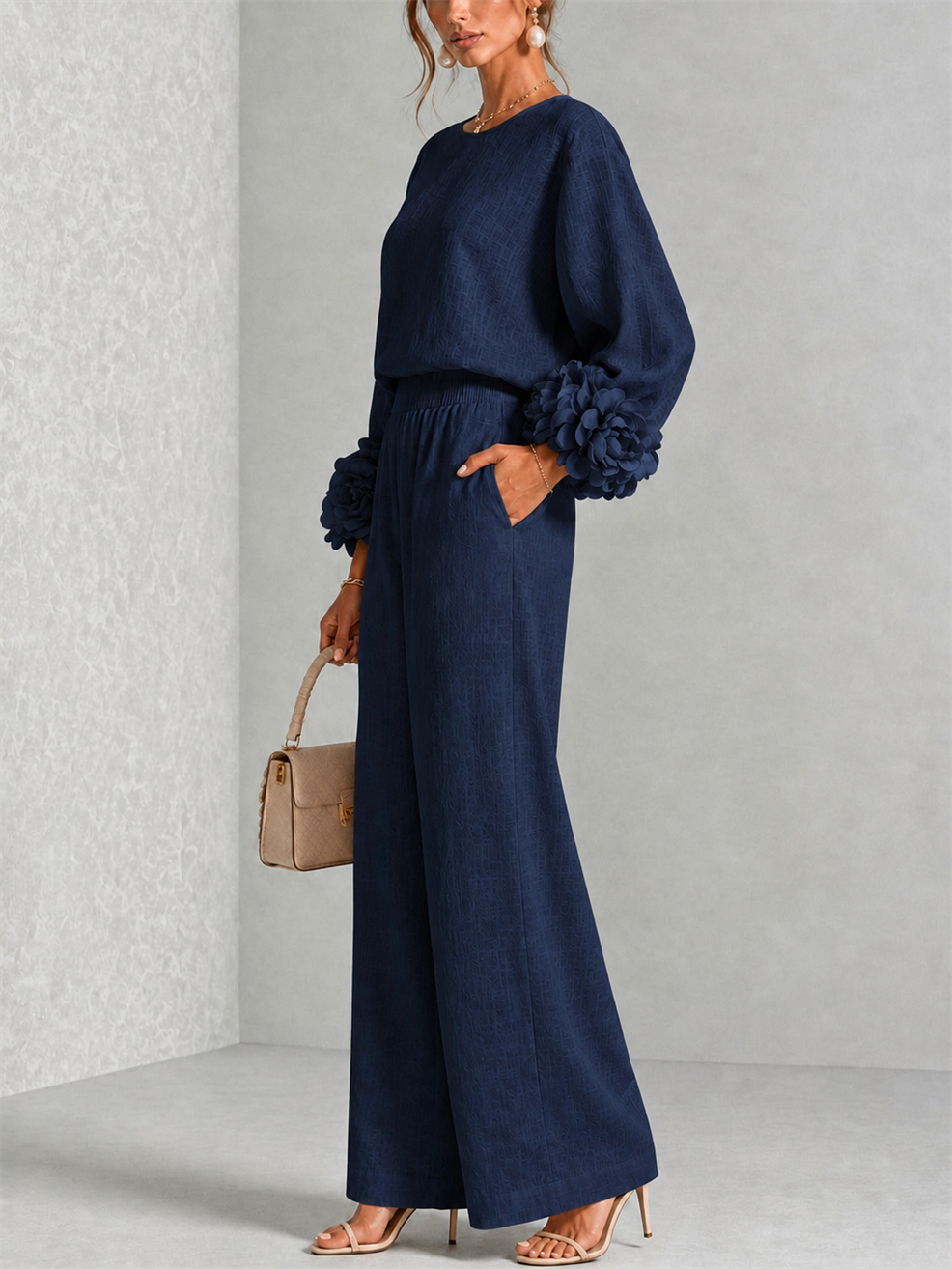 Fiorella | Women's Floral-Cuff Long-Sleeve Two-Piece Set