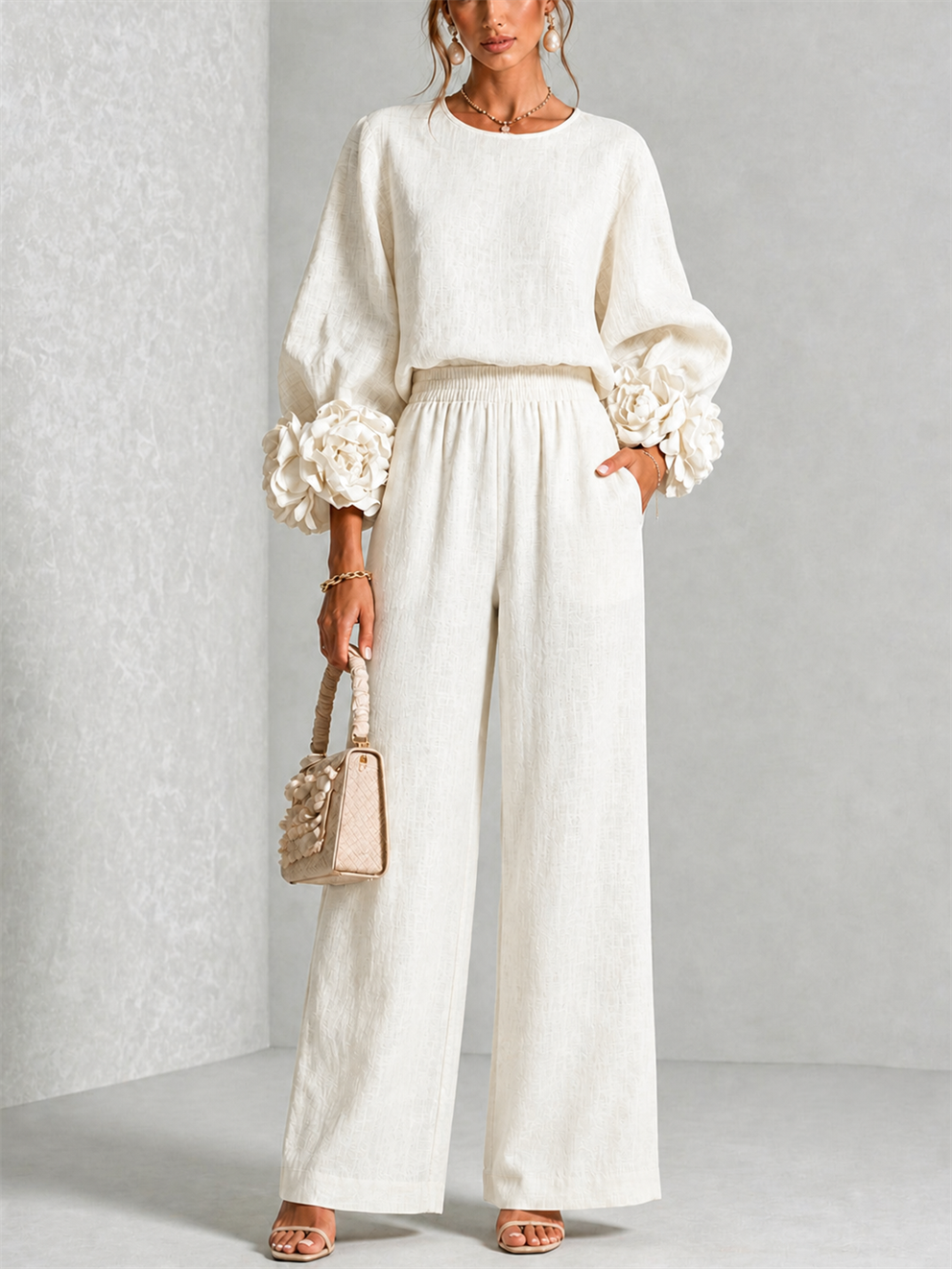 Fiorella | Women's Floral-Cuff Long-Sleeve Two-Piece Set