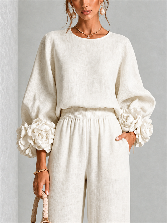 Fiorella | Women's Floral-Cuff Long-Sleeve Two-Piece Set