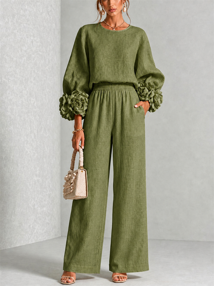 Fiorella | Women's Floral-Cuff Long-Sleeve Two-Piece Set