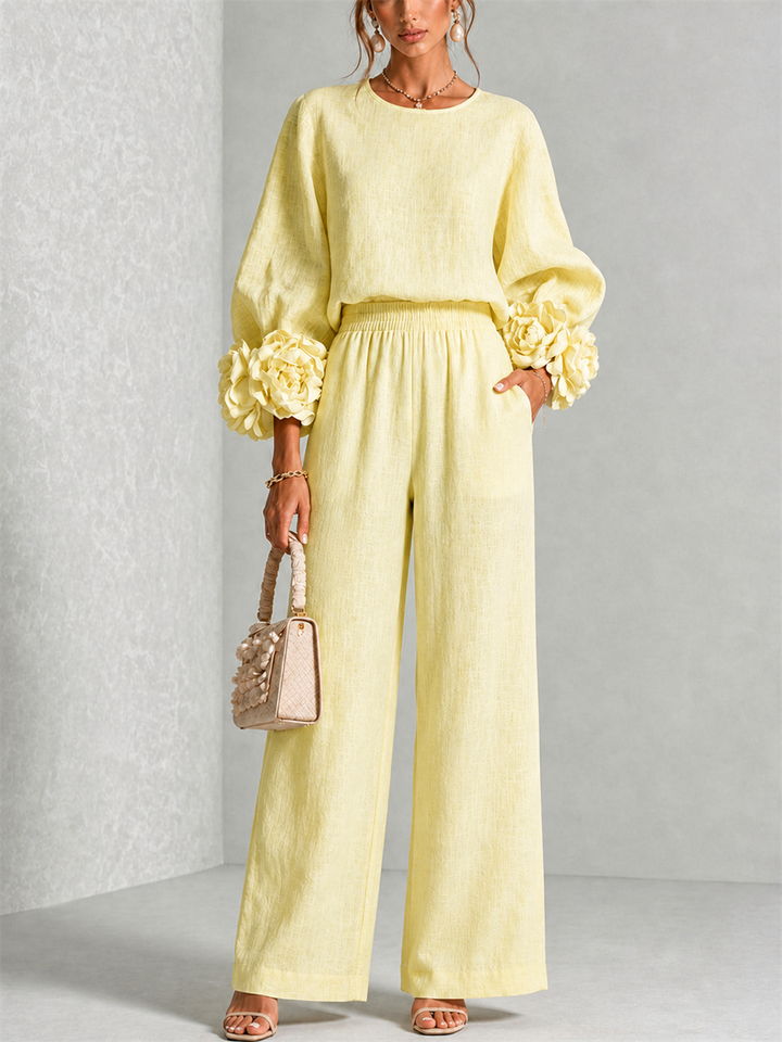 Fiorella | Women's Floral-Cuff Long-Sleeve Two-Piece Set