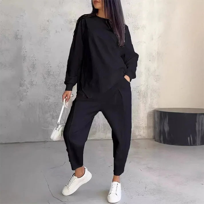 Women's long-sleeved sweatshirt and irregular hem pants set
