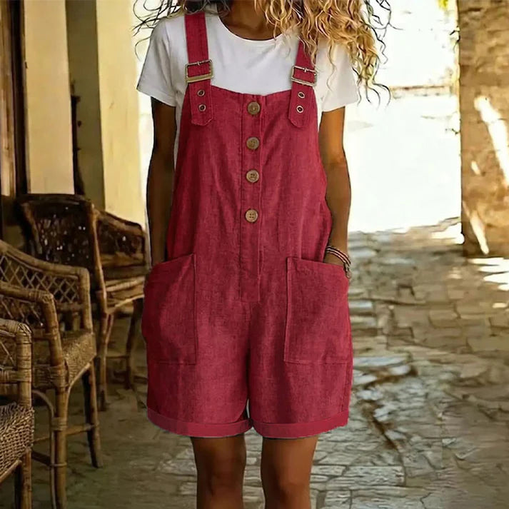 Retro Solid Color Romper with Adjustable Straps – Button-Front, Large Pockets, Relaxed Fit