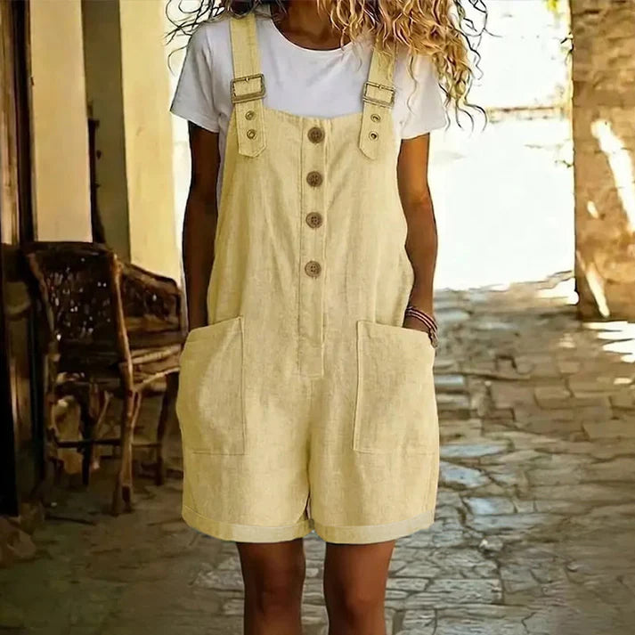 Retro Solid Color Romper with Adjustable Straps – Button-Front, Large Pockets, Relaxed Fit