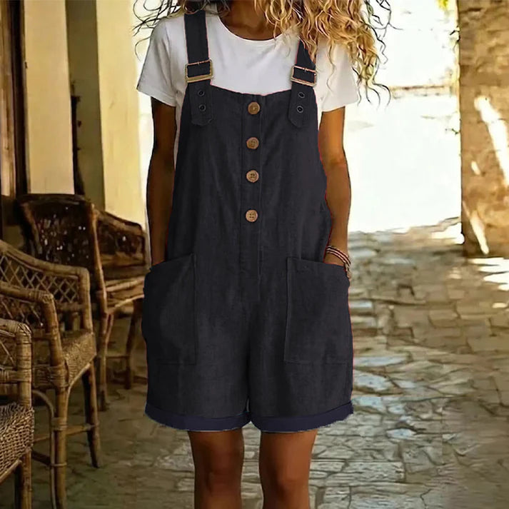 Retro Solid Color Romper with Adjustable Straps – Button-Front, Large Pockets, Relaxed Fit