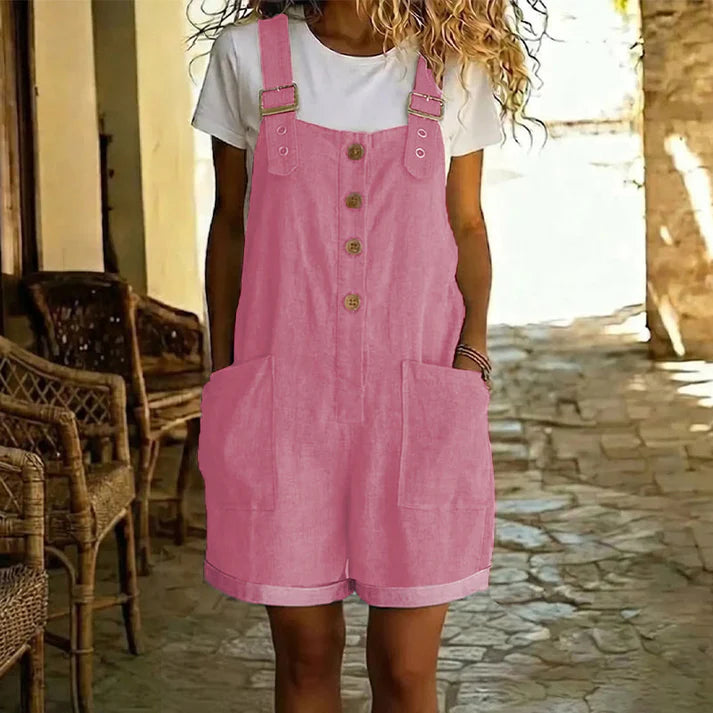 Retro Solid Color Romper with Adjustable Straps – Button-Front, Large Pockets, Relaxed Fit