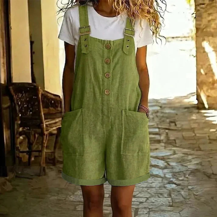 Retro Solid Color Romper with Adjustable Straps – Button-Front, Large Pockets, Relaxed Fit