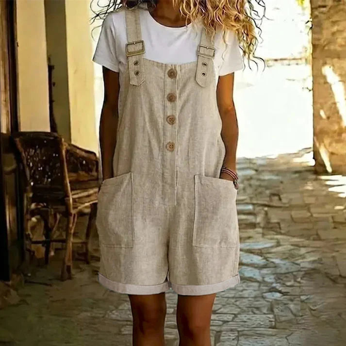 Retro Solid Color Romper with Adjustable Straps – Button-Front, Large Pockets, Relaxed Fit