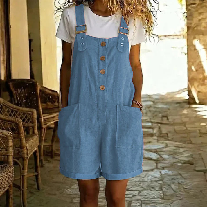 Retro Solid Color Romper with Adjustable Straps – Button-Front, Large Pockets, Relaxed Fit